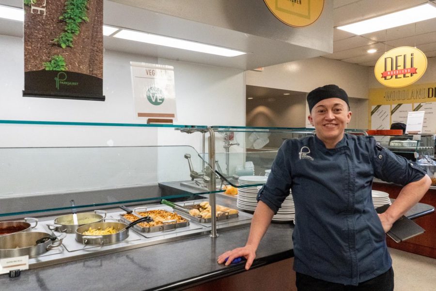 Chef Jen O’Donnell in front of the vegan section in Anderson Dining Hall.