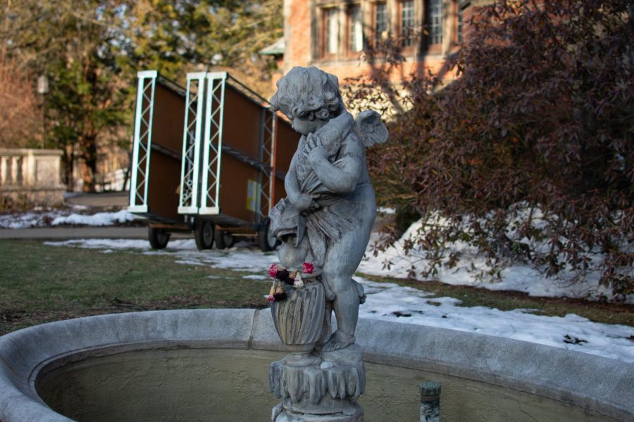 The statue in the Mellon courtyard stands in front of some pieces of the Netflix set left outside.
Photo Credit: Lilly Kubit. 