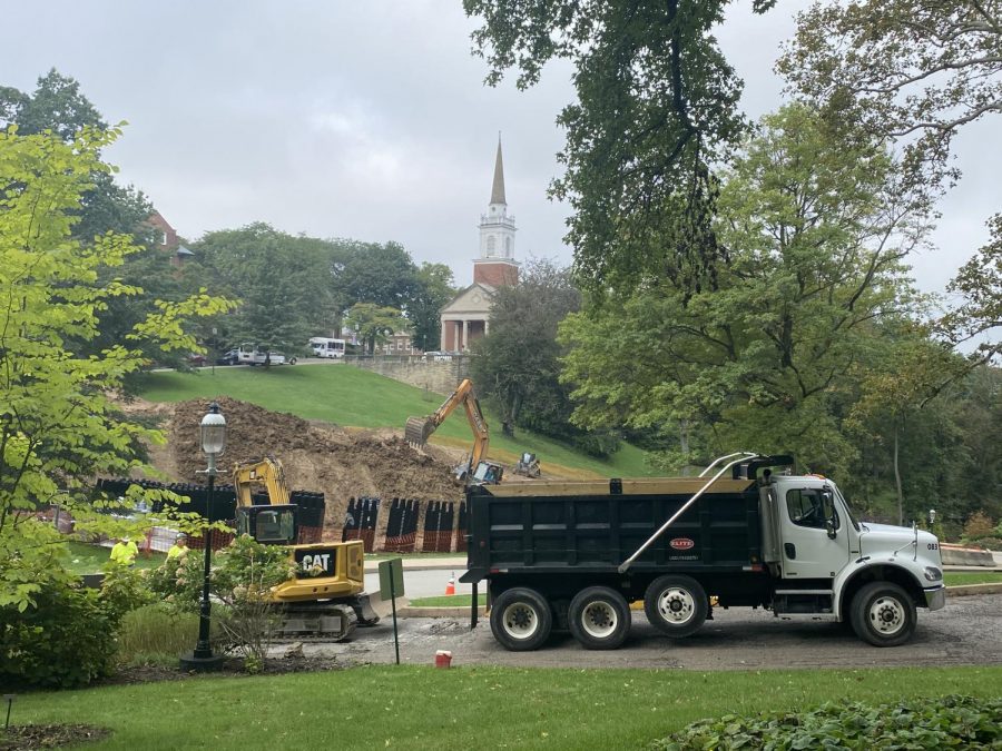 Construction vehicles and equipment take up space on Chatham’s campus on Sept. 16. Roads that access various dorm buildings have had to temporarily close. Photo Credit: Lilly Kubit