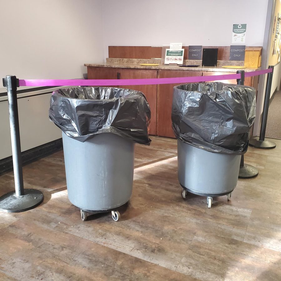 Trash bins in Anderson Dining Hall with black bags indicate that post-consumer food waste is not being composted. Photo Credit: Riley Hurst Brubaker