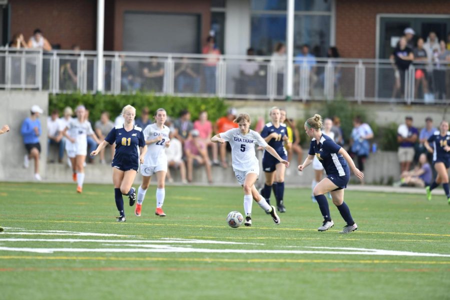 The Chatham women's soccer team plays against another team. Photo Credit: Chatham Athletics 