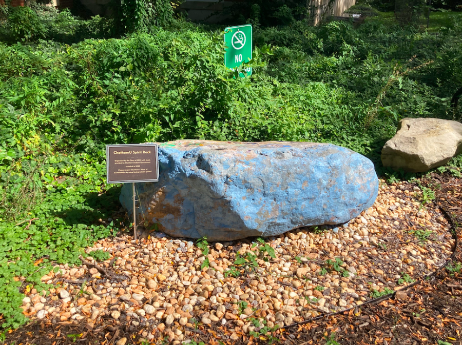 The spirit rock with plaque outside Coolidge Hall in September 2021. Photo Credit: Alice Crow