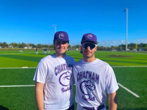 Brady Wingeart ‘25 and Ryan Hromadka ‘25 in catcher’s gear before pregame warmups.
Photo Credit: Dylan Vogel