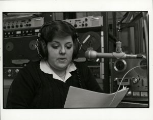 Chatham student Joanna Ferrara '83 working as an intern at Golden Triangle Radio Information Center in 1981.
Photo source: Chatham University Archives