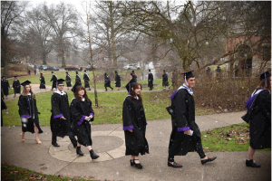 Students walk toward the Athletic and Fitness Center for December 2022 commencement. Photo Credit: Chatham University