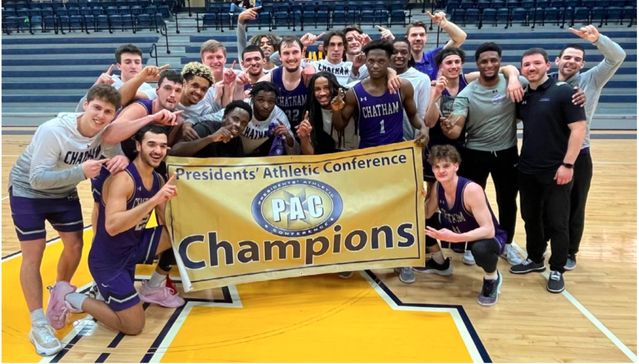 Men’s basketball team poses after its PAC championship victory against Alleghe- ny College on Feb. 25. Photo Credit: Chatham Athletics