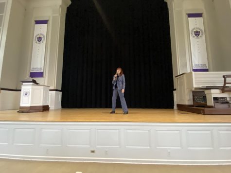 Dr. Rhonda Philips gives a speech at the Eddy Memorial Chapel.