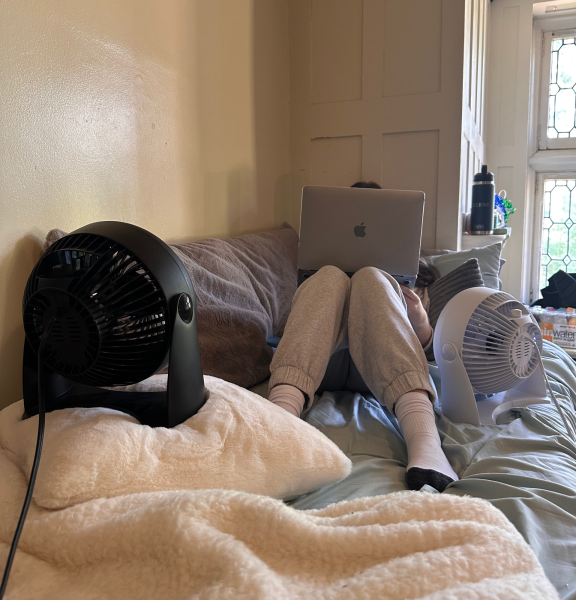Small fans with roommates in a Chatham University dorm room
