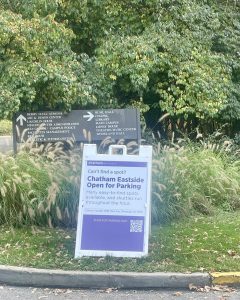 Informational post regarding parking changes at a Chatham University shuttle stop located on the Shadyside campus. 