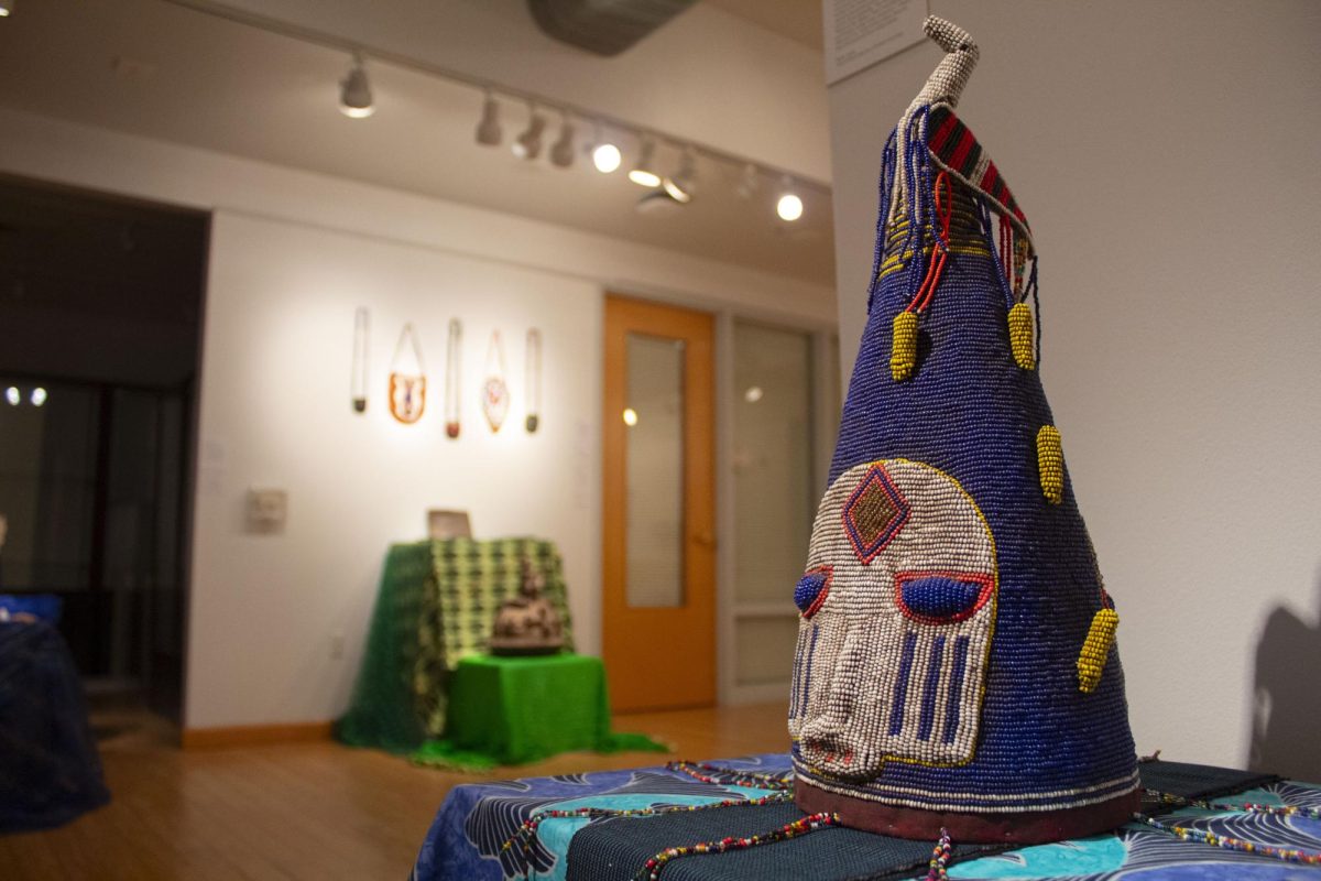 An Adenla, or conical beaded crown worn by royalty, on display in the Susan Bergman Gurrentz ‘56 Art Gallery.
