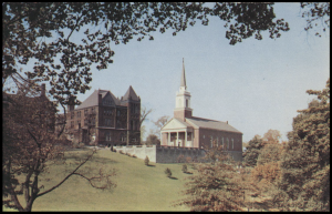 Postcard that depicts the Chapel and original Dilworth Hall I, 1950.