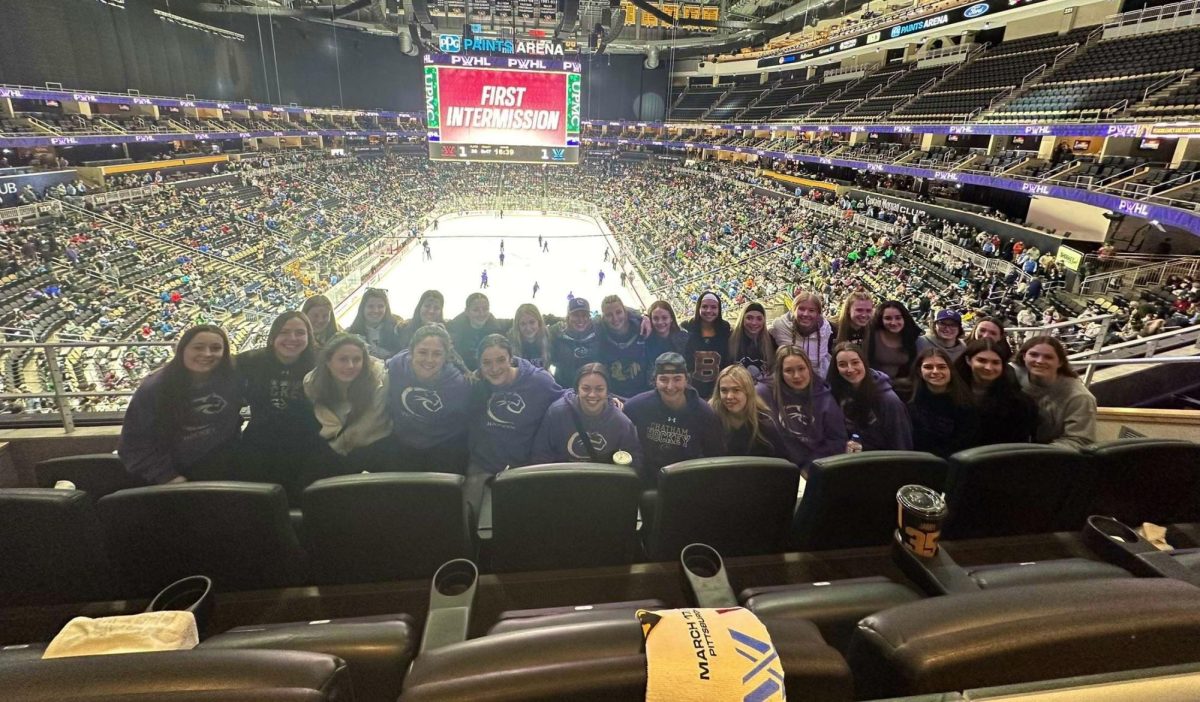 Womens hockey team poses at PWHL game on March 17. Photo provided by womens hockey team