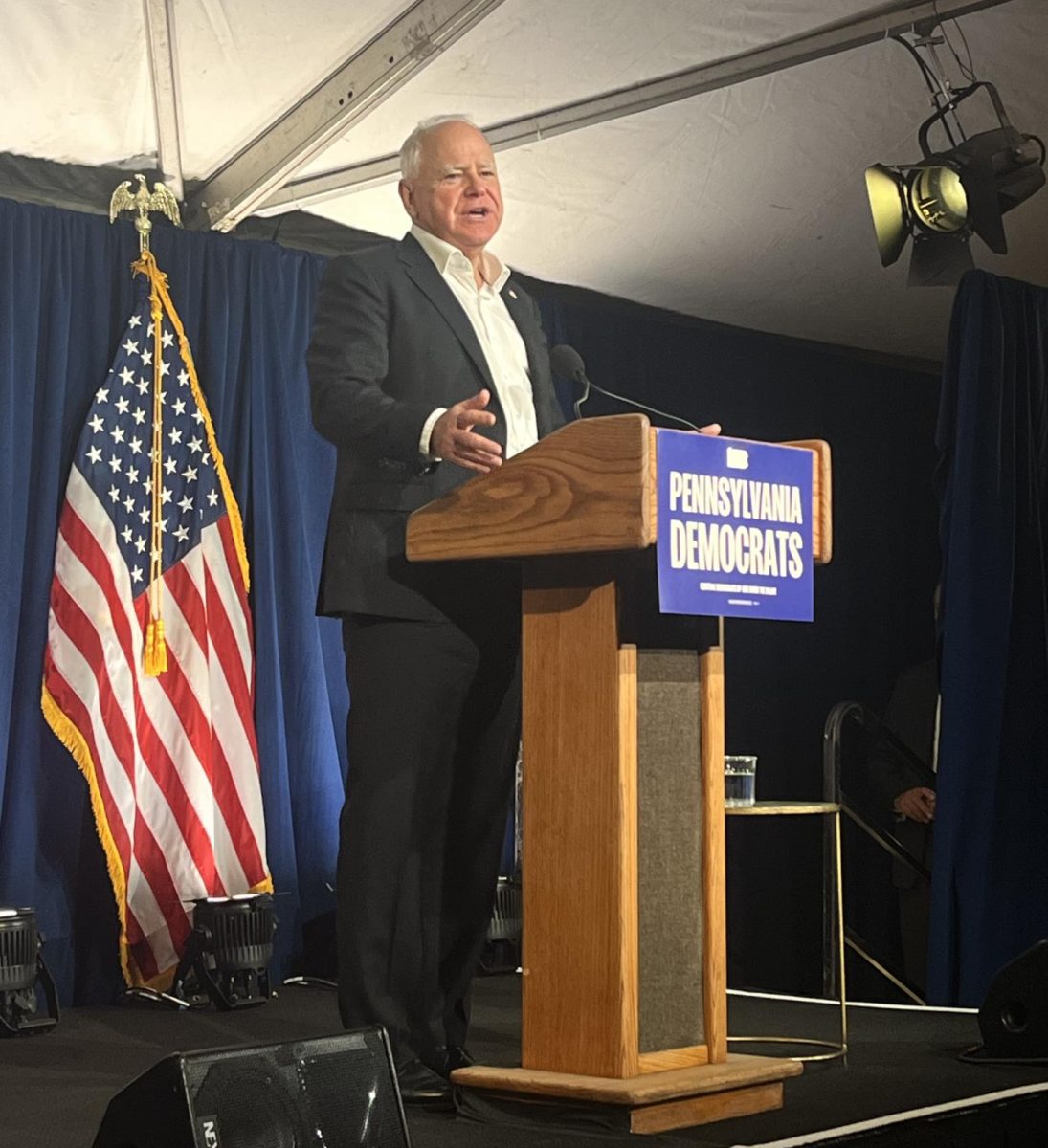 Democratic vice presidential nominee and Minnesota Gov. Tim Walz speaks on Oct. 15 at 108 Woodland Road. 