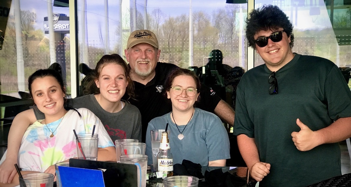 Don Gabany with broadcast studio assistants (from lett), Sofia Caloiero '24, Allie Corser-James '24, Jorie Meil '23 and Lucas Tavares Naief '24. Photo credit: Jorie Meil