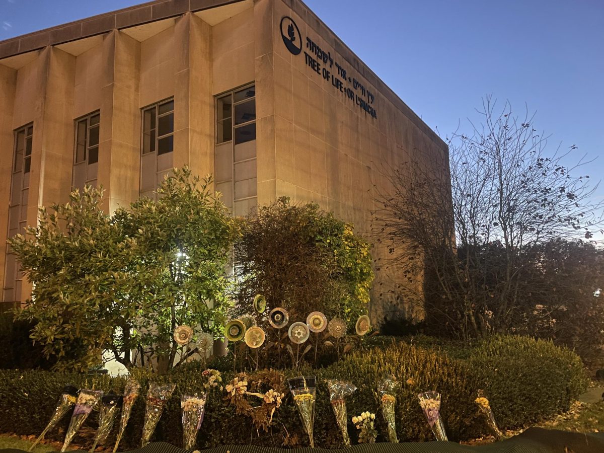 Bouquets placed outside the Tree of Life building in Squirrel Hill on Oct. 27, 2024, the six-year anniversary of the shooting.