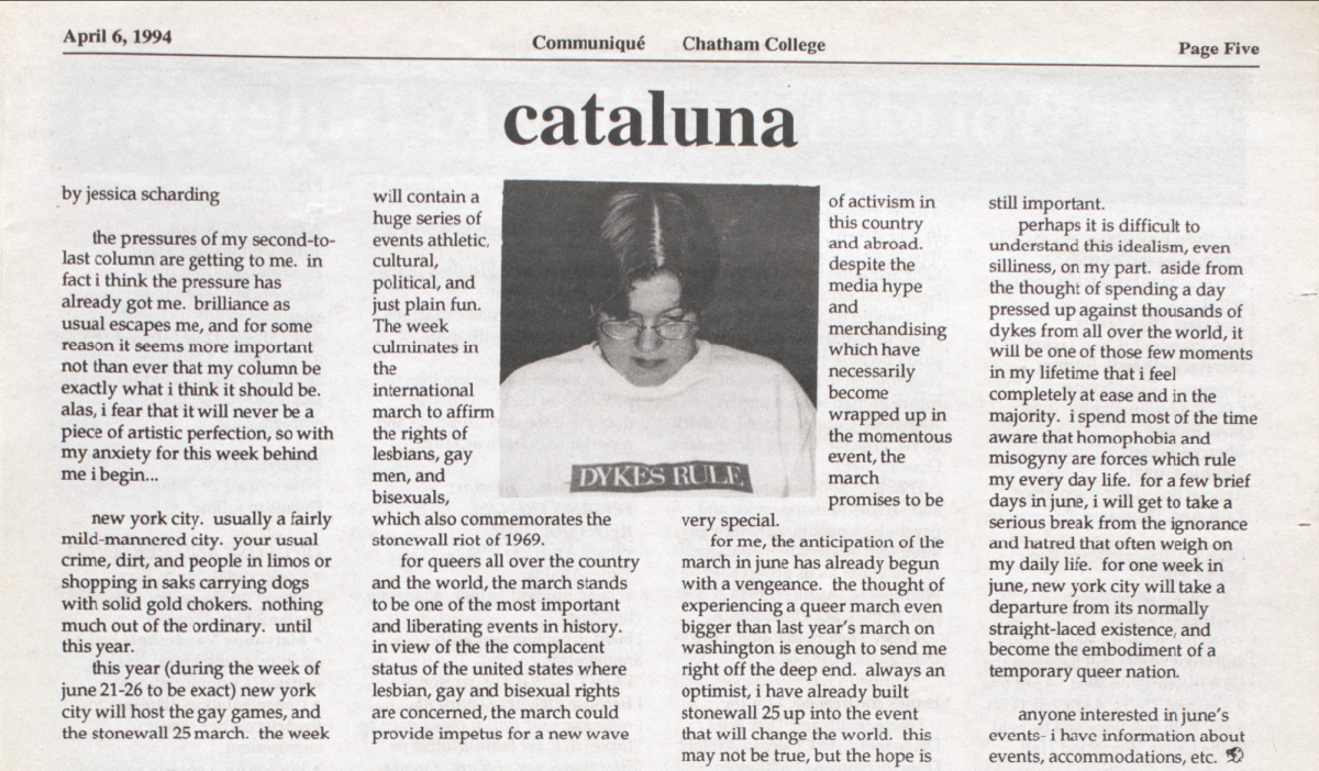 April 9, 1994 Cataluna column featured in the Communiqué. Courtesy of the Jennie King Mellon Library.