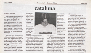 April 9, 1994 Cataluna column featured in the Communiqué. Courtesy of the Jennie King Mellon Library.