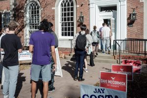 Voters line up at James Laughlin Music Center on Election Day.