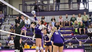 Paige Watson '27 spikes the ball over the net versus Franciscan on Sept. 28. Photo Credit: Chatham Athletics