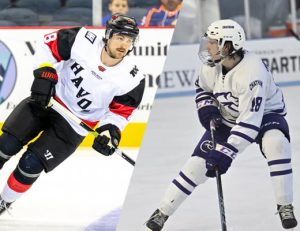 Zack Conner ‘25 in his first professional hockey game for the Huntsville Havoc and Evan Mitchell ‘25 playing for Chatham. 