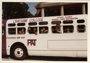 Students board the bus for a Chatham College Choir Tour, 1980. Photo courtesy of JKM digital archives.