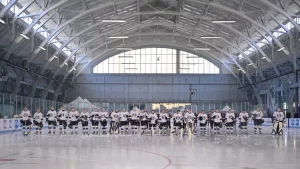 The women’s hockey team lines up at the Hunt Armory. Photo courtesy of Chatham Athletics.
