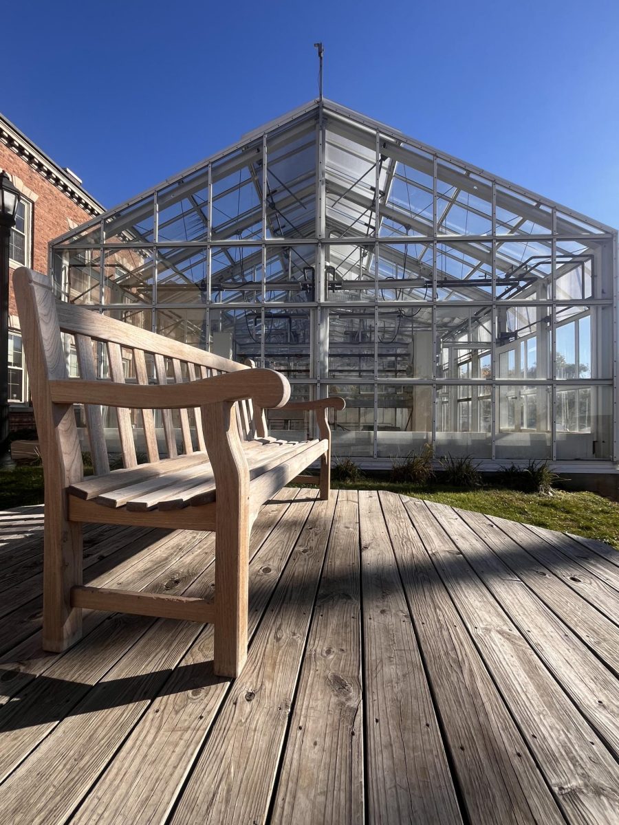 The “heartbreak bench” is situated right next to the vacant greenhouse.