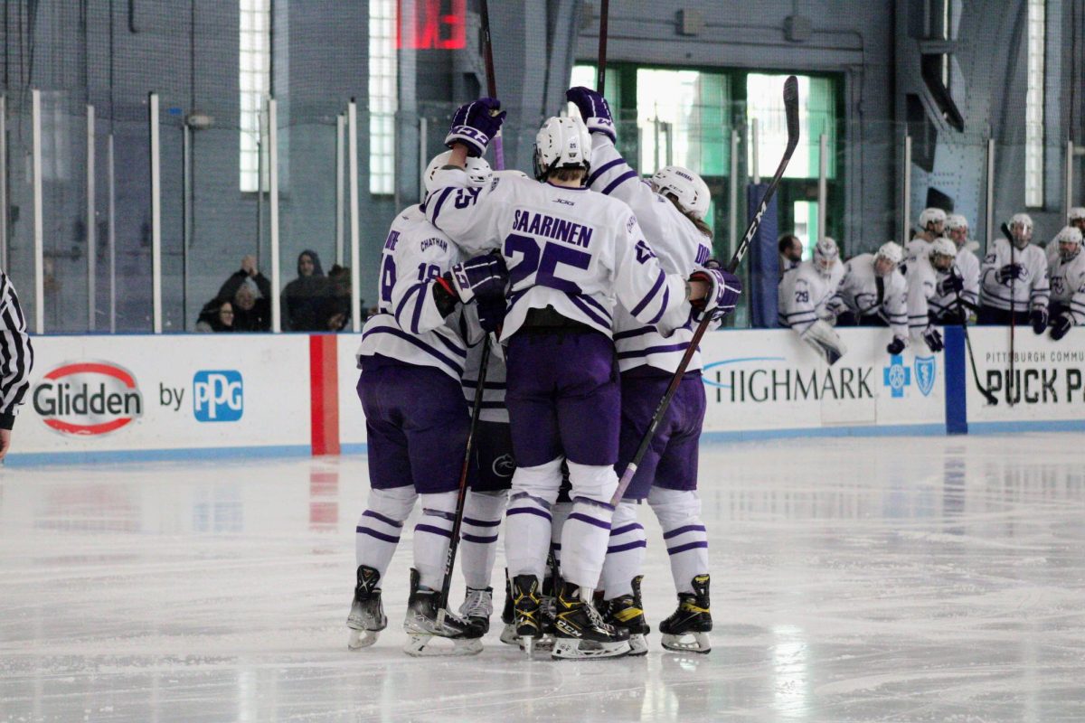 The men’s ice hockey team celebrates a goal early on.