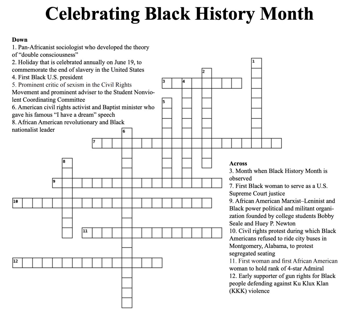 Black History Month crossword.
