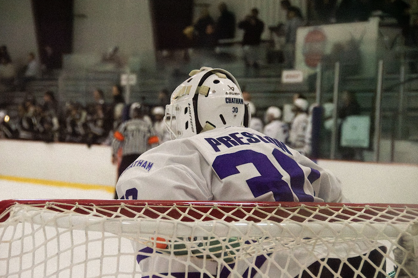 Ryan Preston ’26 guards the net as emergency goalie for the men’s ice hockey team. Photo courtesy of Ryan Preston.