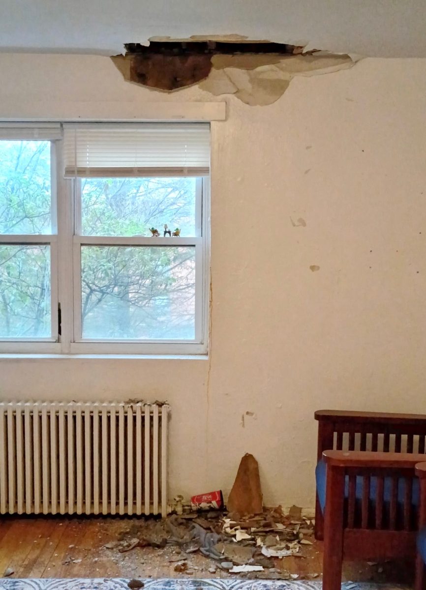 Part of the ceiling fell in at Caleb Trainum’s ‘27 and Anna Mack’s ‘27 Linzer Apartment. Photo provided by Anna Mack